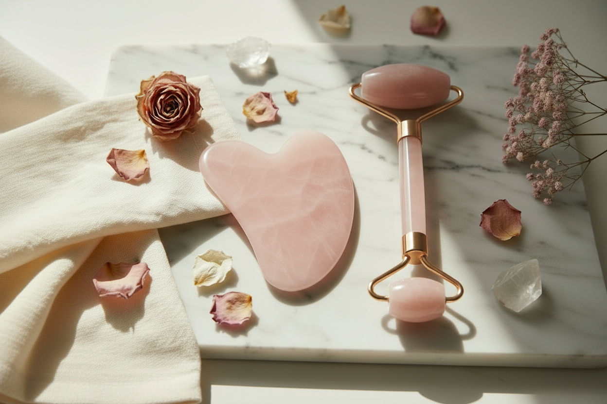 Rose Quartz Face Jade Roller Gua Sha Tools Set Natural Stone For Facial Massage