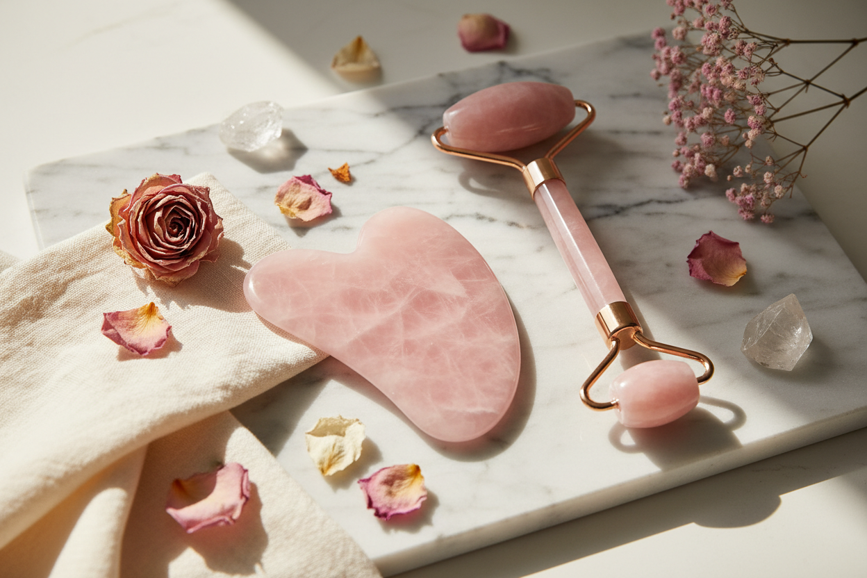 Rose Quartz Face Jade Roller Gua Sha Tools Set Natural Stone For Facial Massage